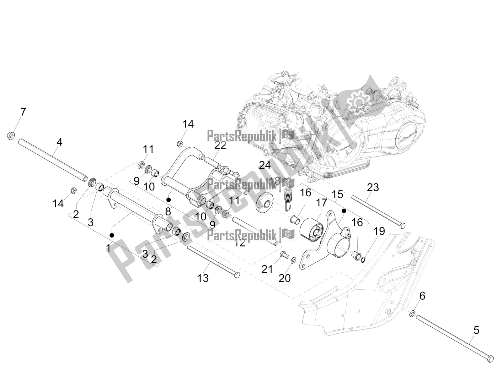 All parts for the Swinging Arm of the Vespa GTS 300 HPE ABS E4 2020