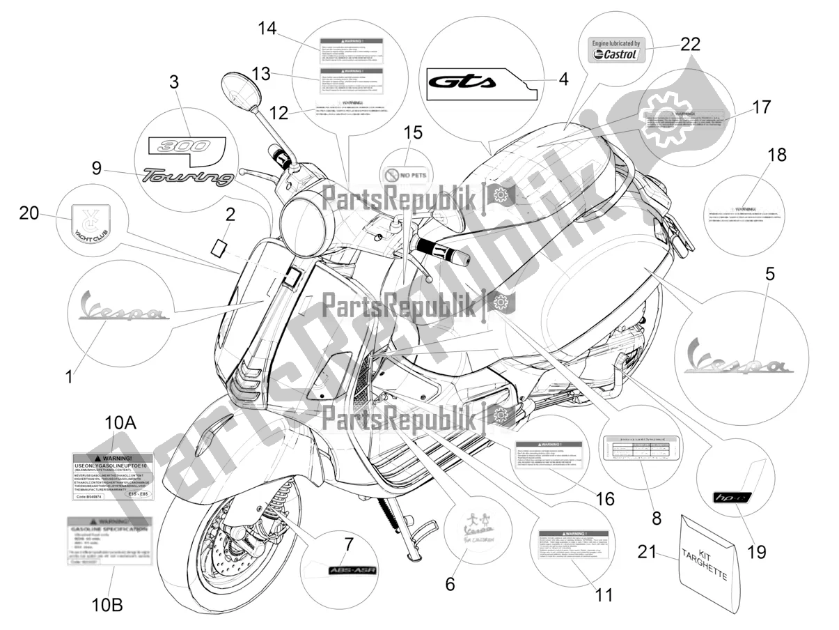All parts for the Plates - Emblems of the Vespa GTS 300 HPE ABS E4 2021