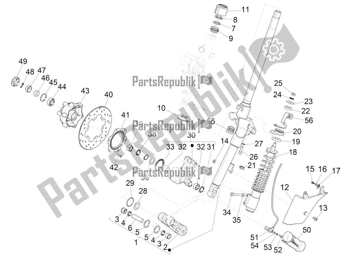 All parts for the Fork/steering Tube - Steering Bearing Unit of the Vespa GTS 300 HPE ABS E5 2020