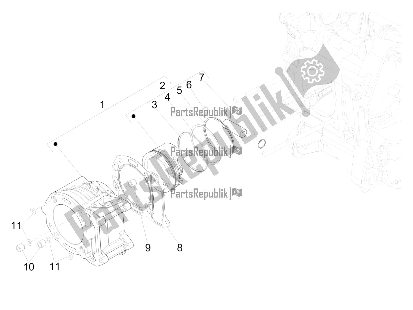 All parts for the Cylinder-piston-wrist Pin Unit of the Vespa GTS 300 HPE ABS E5 2021