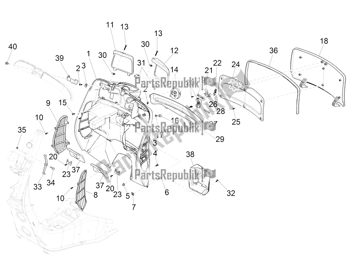 All parts for the Front Glove-box - Knee-guard Panel of the Vespa GTS 300 HPE ABS E5 2022