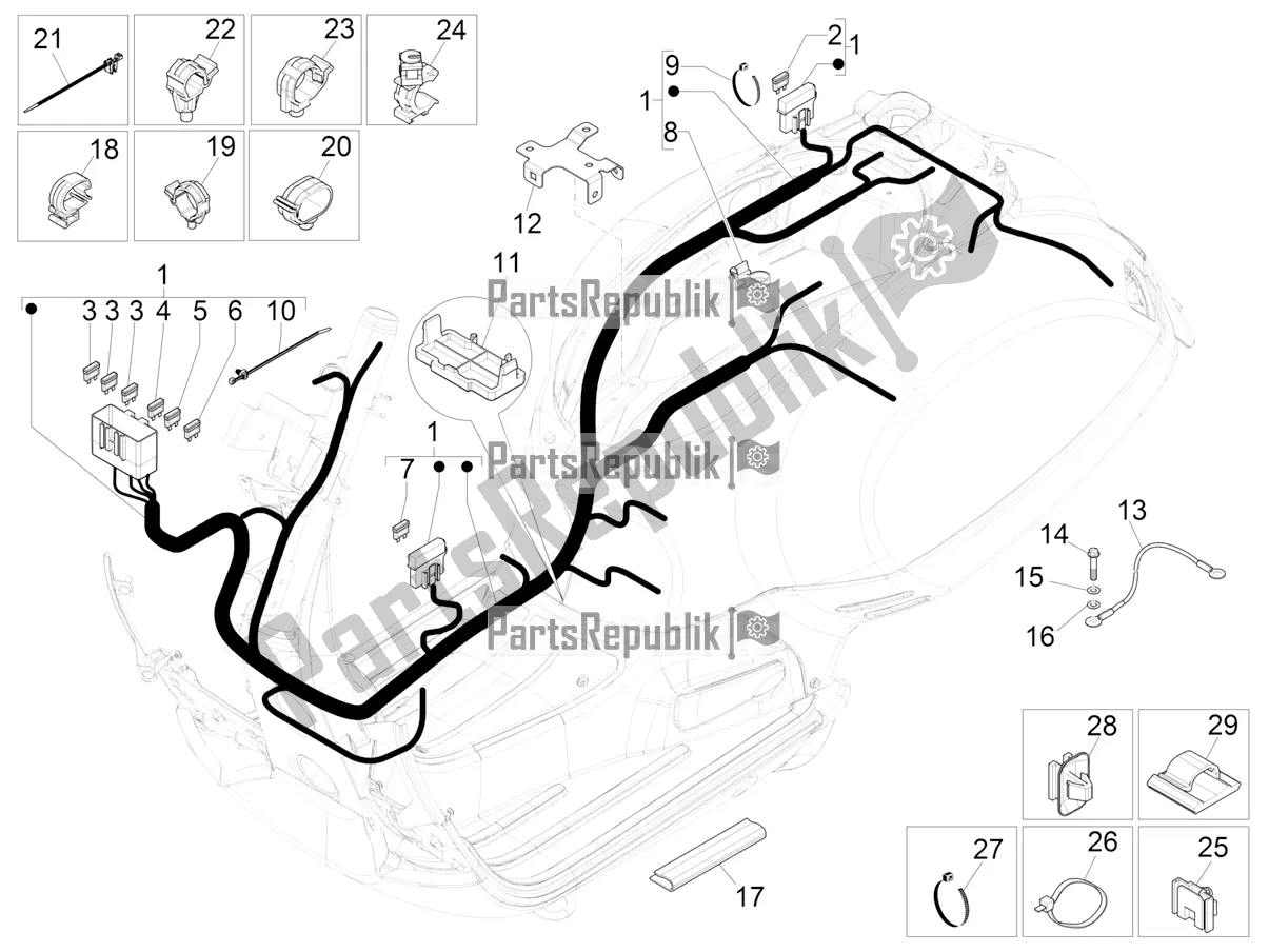 All parts for the Main Cable Harness of the Vespa GTS 300 HPE ABS E5 2022