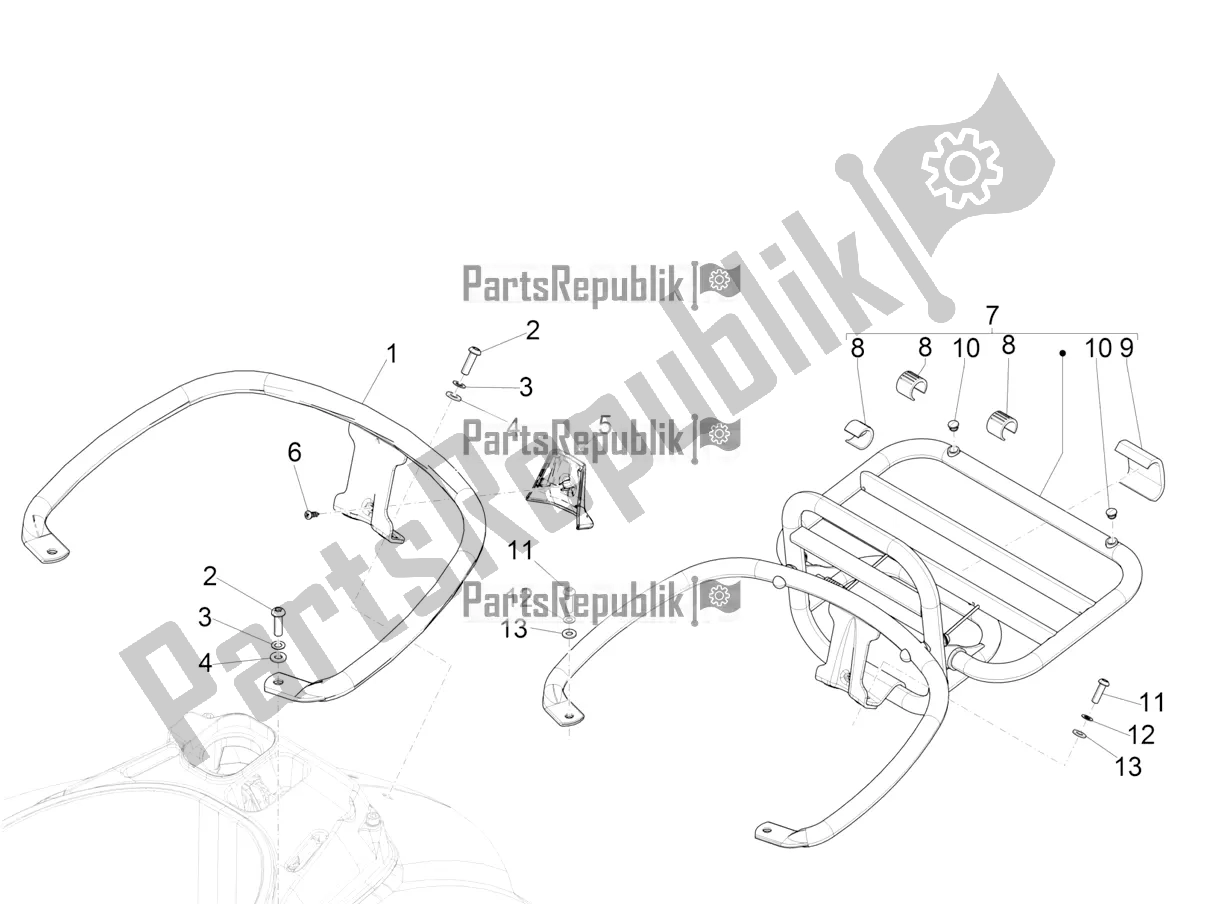 All parts for the Rear Luggage Rack of the Vespa GTS 300 HPE ABS E5 2022