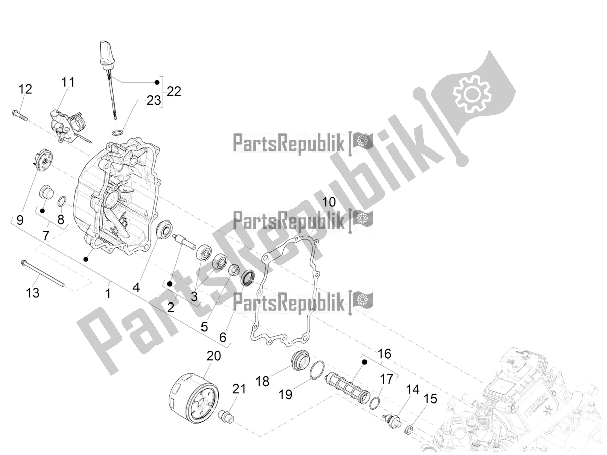 Toutes les pièces pour le Couvercle Magnéto Volant - Filtre à Huile du Vespa GTS 300 HPE ABS USA 2019