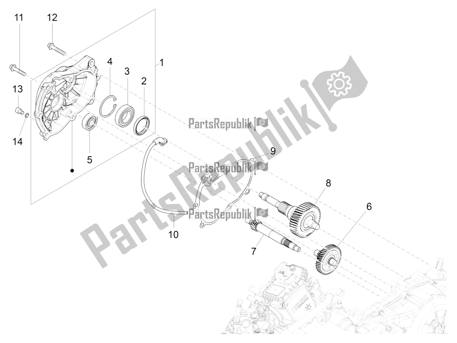 All parts for the Reduction Unit of the Vespa GTS 300 HPE ABS USA 2019