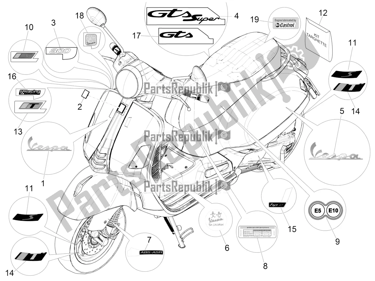 All parts for the Plates - Emblems of the Vespa GTS 300 Super HPE 4 T/4V IE ABS 2020
