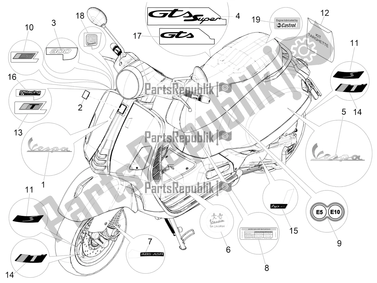 All parts for the Plates - Emblems of the Vespa GTS 300 Super HPE 4 T/4V IE ABS 2021