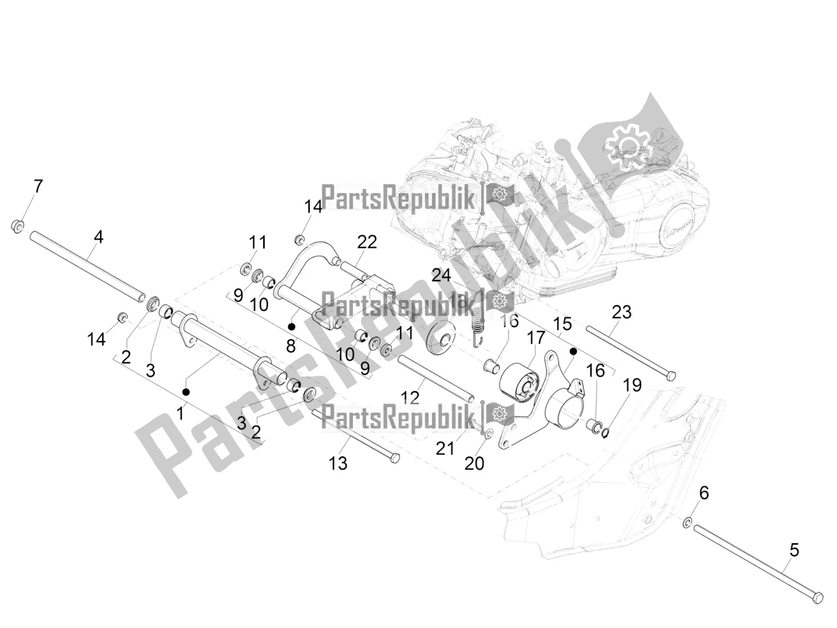 All parts for the Swinging Arm of the Vespa GTS 300 Super HPE 4 T/4V IE ABS 2021
