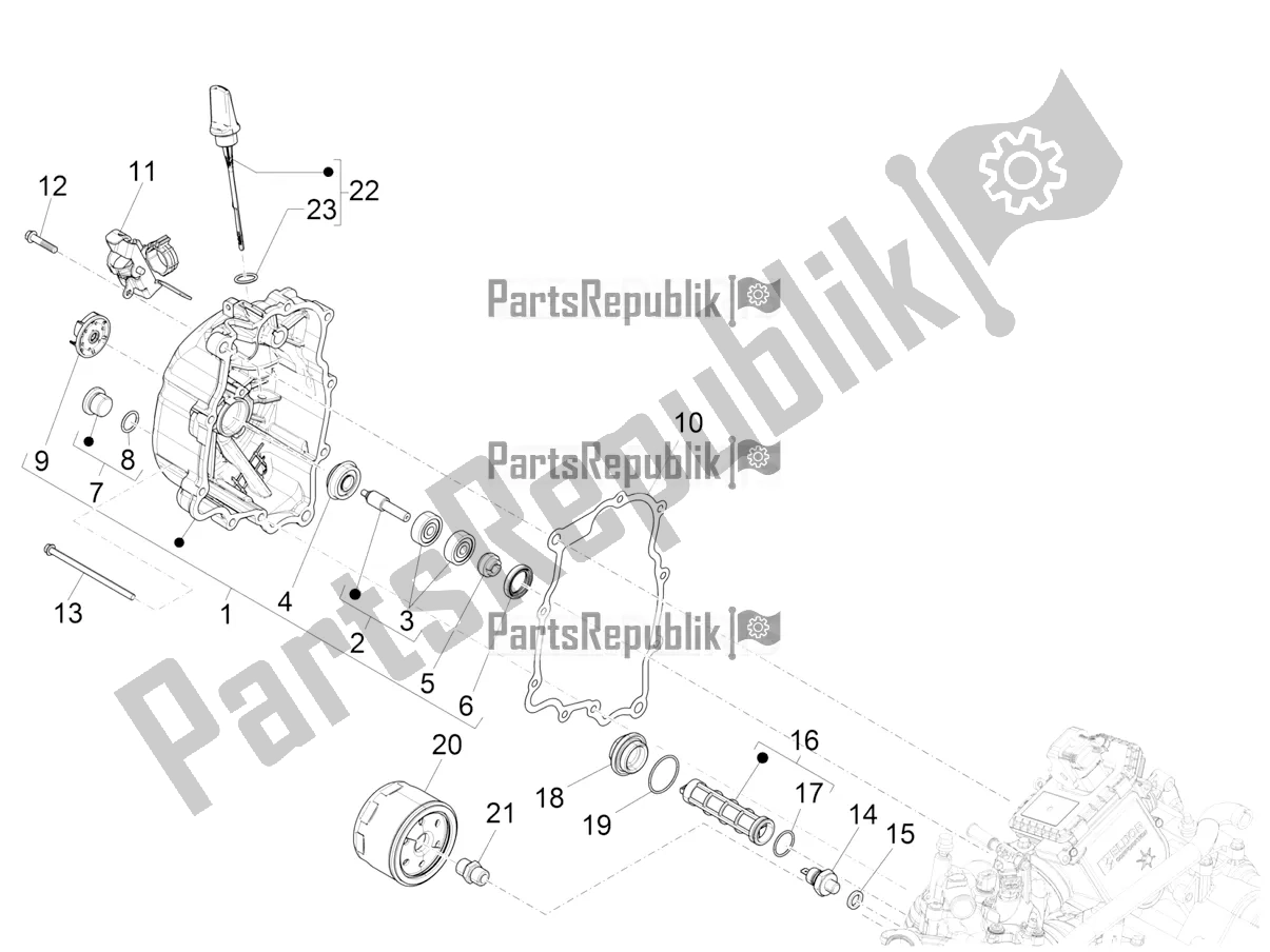 All parts for the Flywheel Magneto Cover - Oil Filter of the Vespa GTS 300 Super HPE 4 T/4V IE ABS 2022