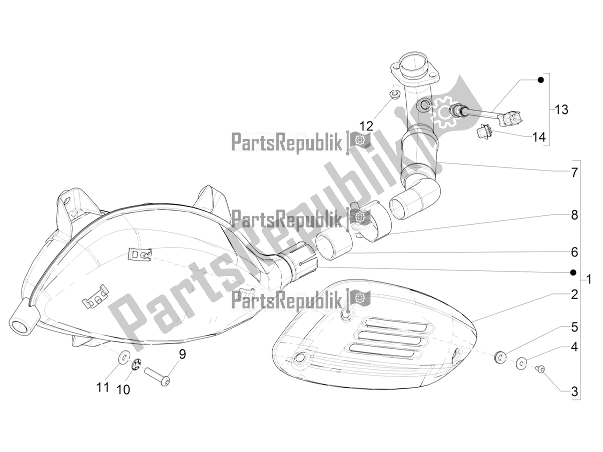 Alle onderdelen voor de Geluiddemper van de Vespa GTS 300 Super HPE 4 T/4V IE ABS Apac 2021