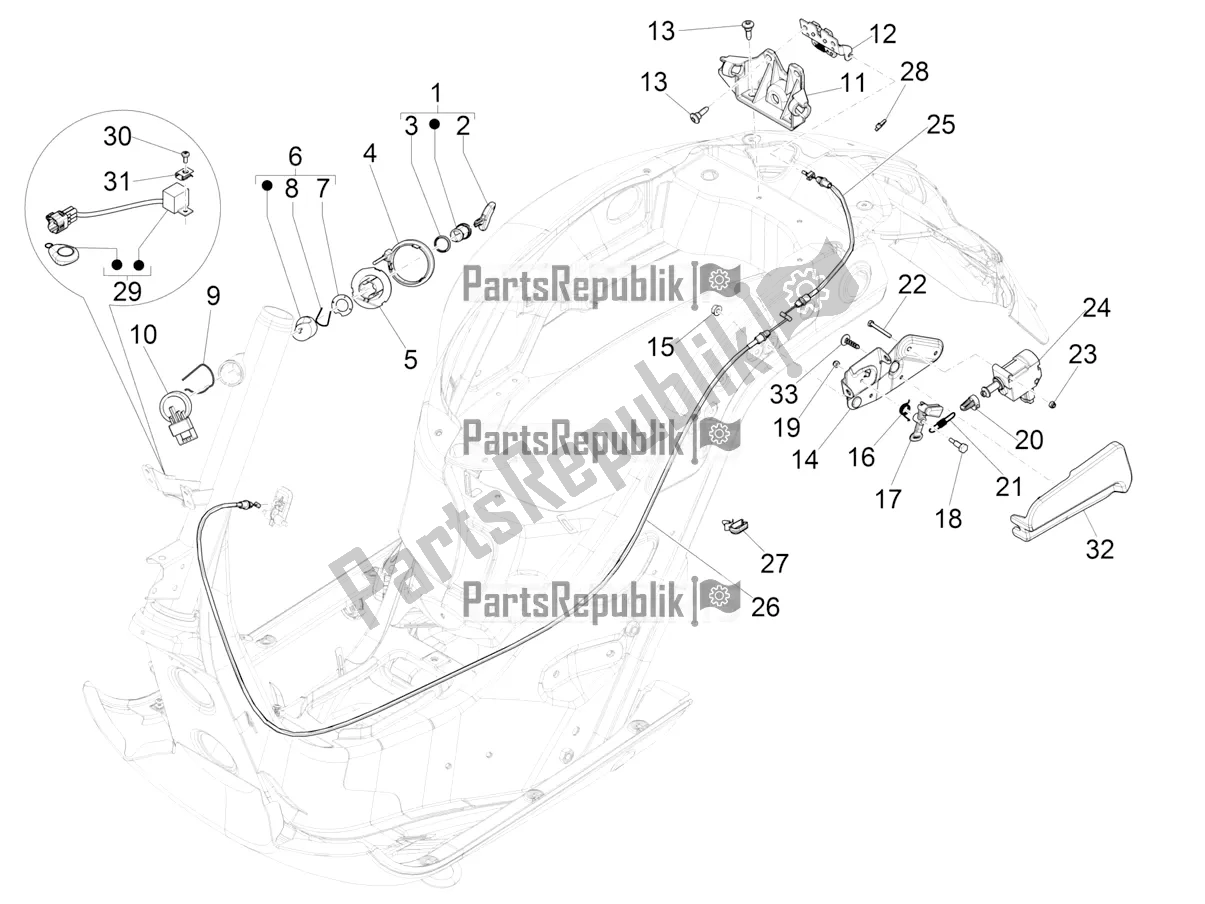 Todas as partes de Fechaduras do Vespa GTS 300 Super HPE 4 T/4V IE ABS Apac 2022