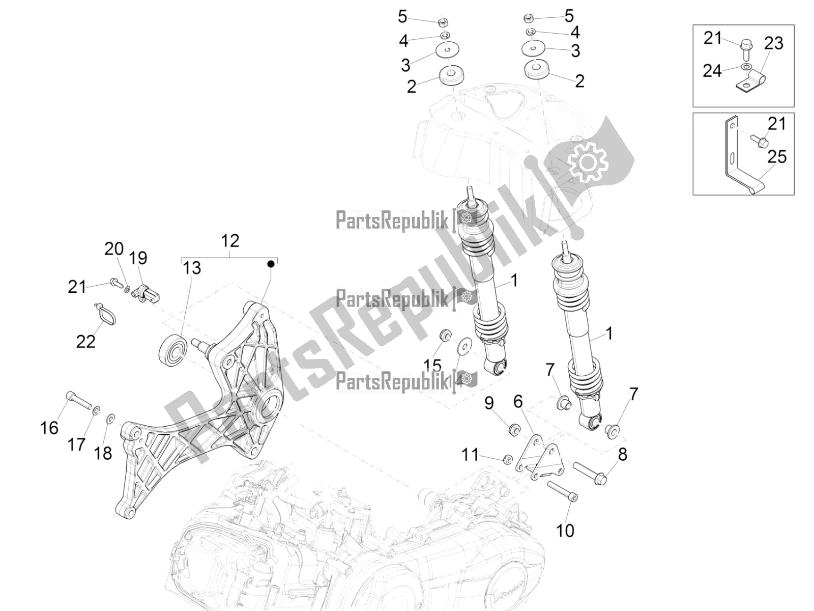 Toutes les pièces pour le Suspension Arrière - Amortisseur / S du Vespa GTS 300 Super HPE 4 T/4V IE ABS Apac 2022