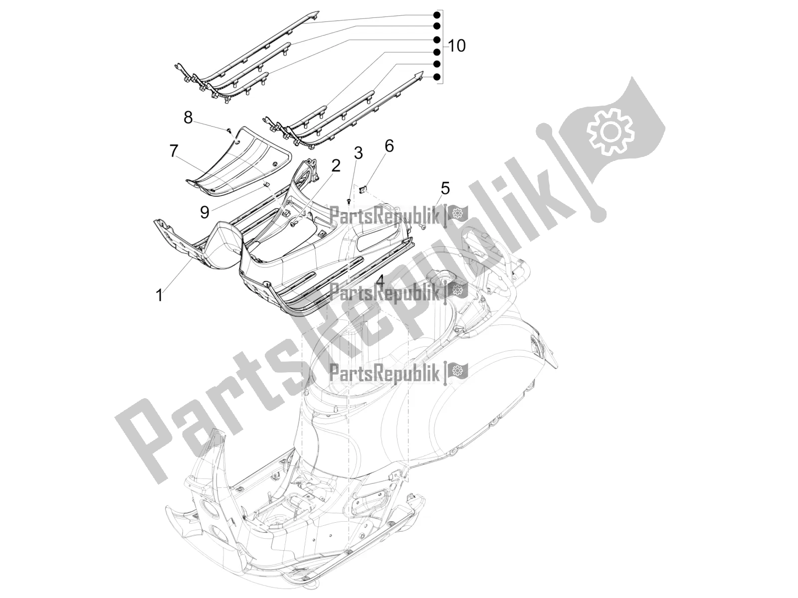 Todas las partes para Cubierta Central - Reposapiés de Vespa GTS 300 Super HPE 4 T/4V IE ABS USA 2020