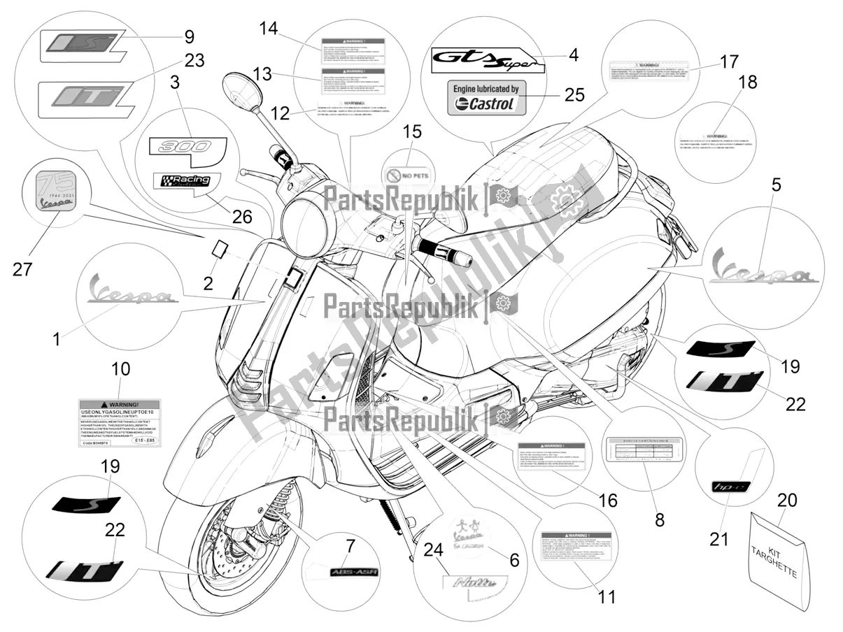 Alle onderdelen voor de Borden - Emblemen van de Vespa GTS 300 Super HPE 4 T/4V IE ABS USA 2020