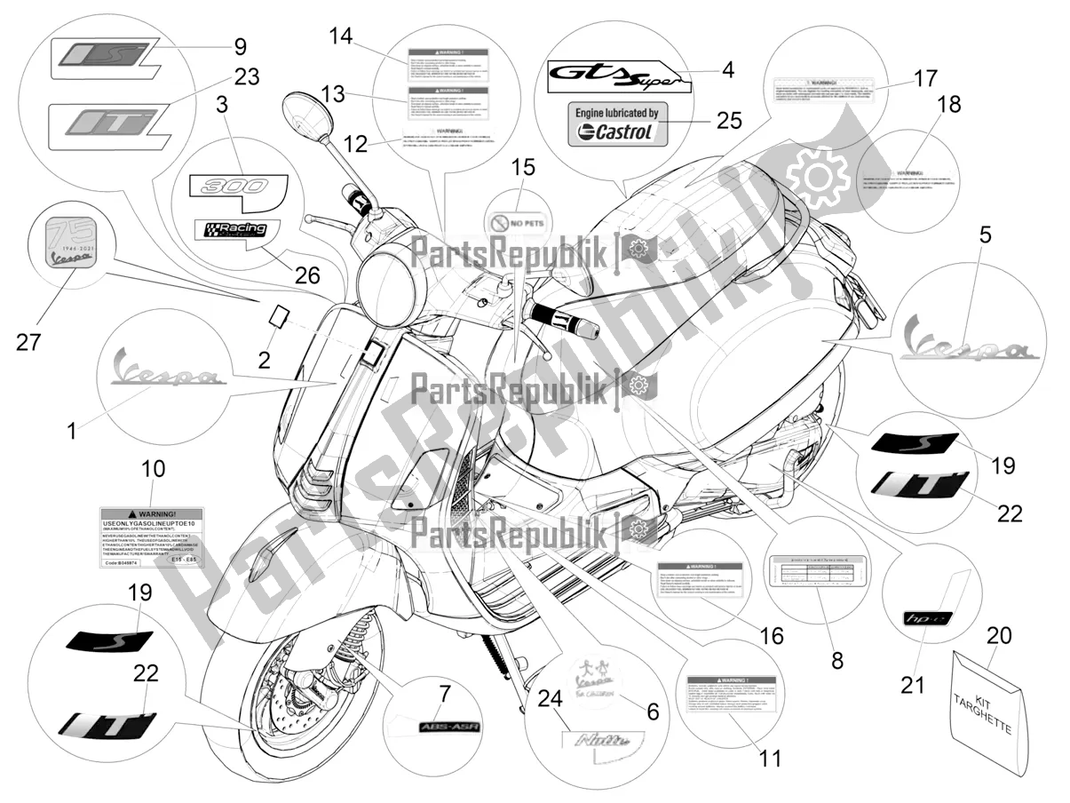 All parts for the Plates - Emblems of the Vespa GTS 300 Super HPE 4 T/4V IE ABS USA 2021