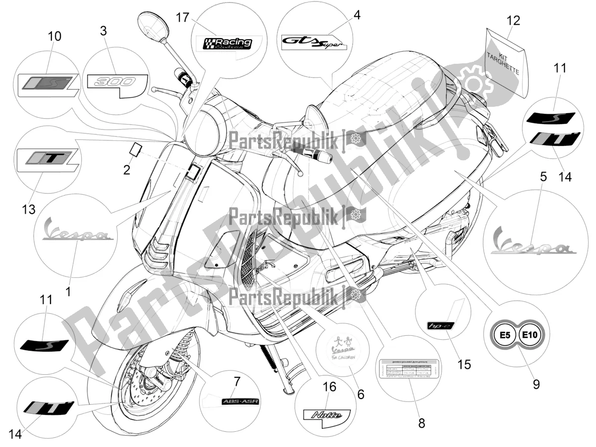 Toutes les pièces pour le Plaques - Emblèmes du Vespa GTS 300 Super Hpe-tech 4 T/4V IE ABS 2018