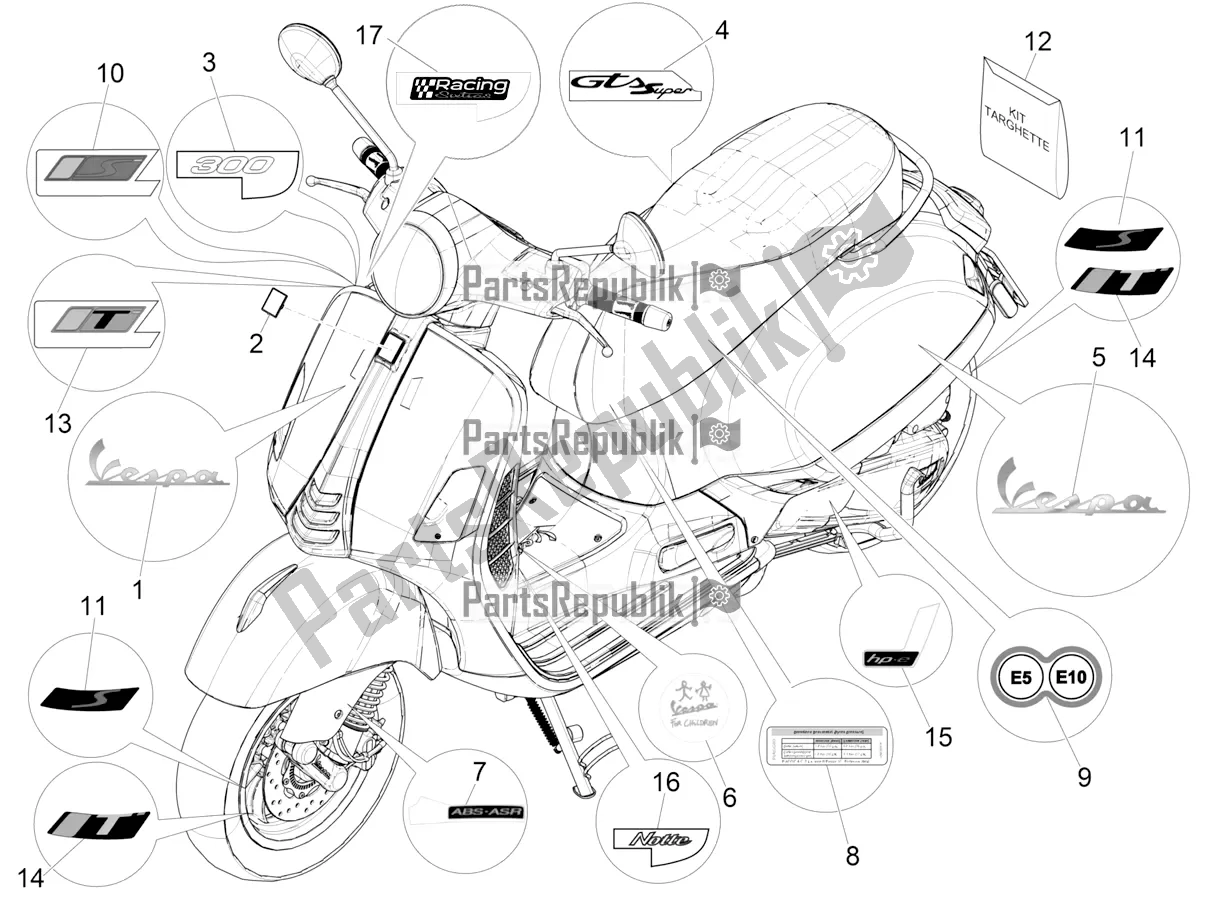 All parts for the Plates - Emblems of the Vespa GTS 300 Super Hpe-tech 4 T/4V IE ABS 2019