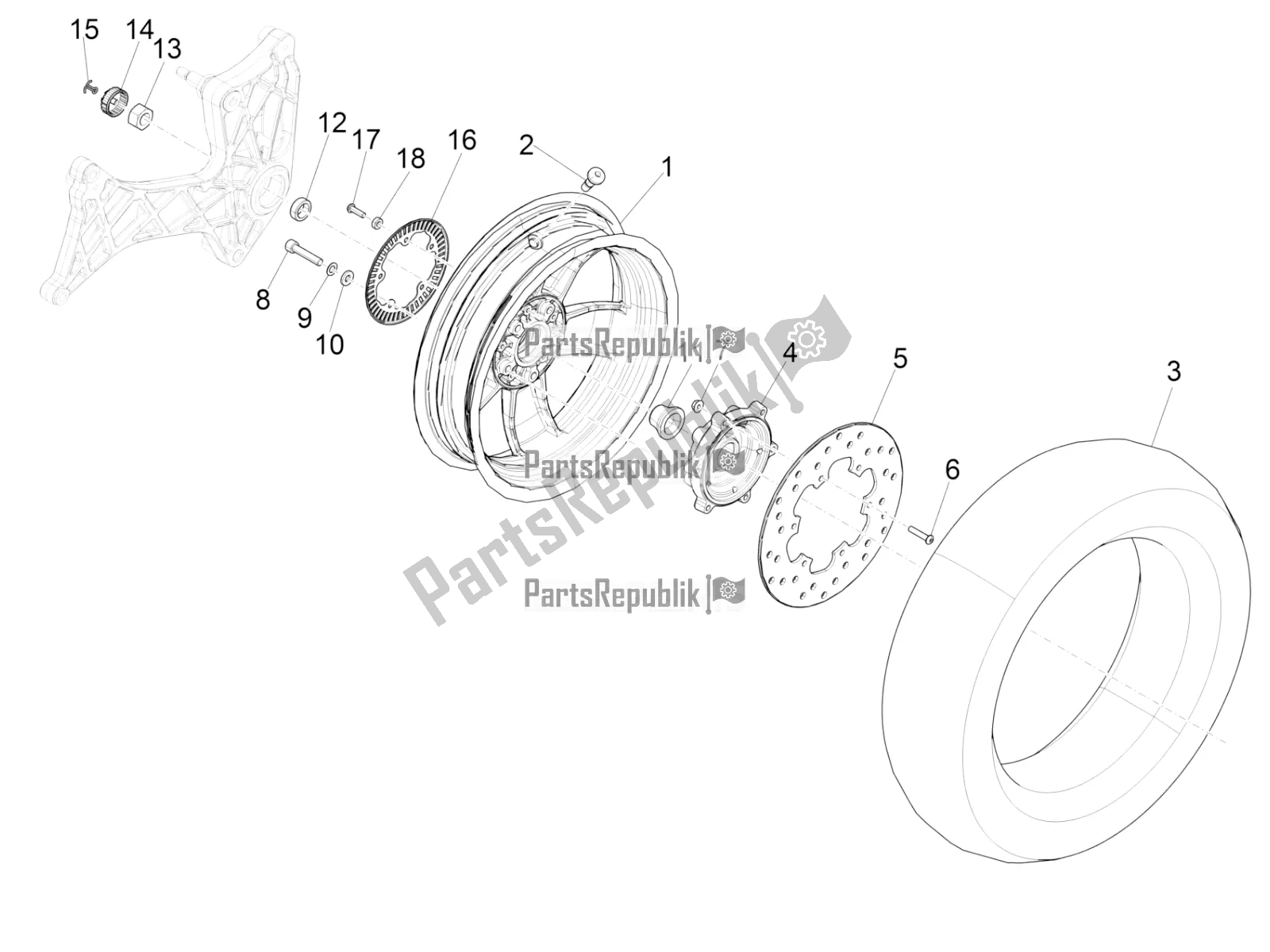 All parts for the Rear Wheel of the Vespa GTS 300 Super Hpe-tech 4 T/4V IE ABS 2020