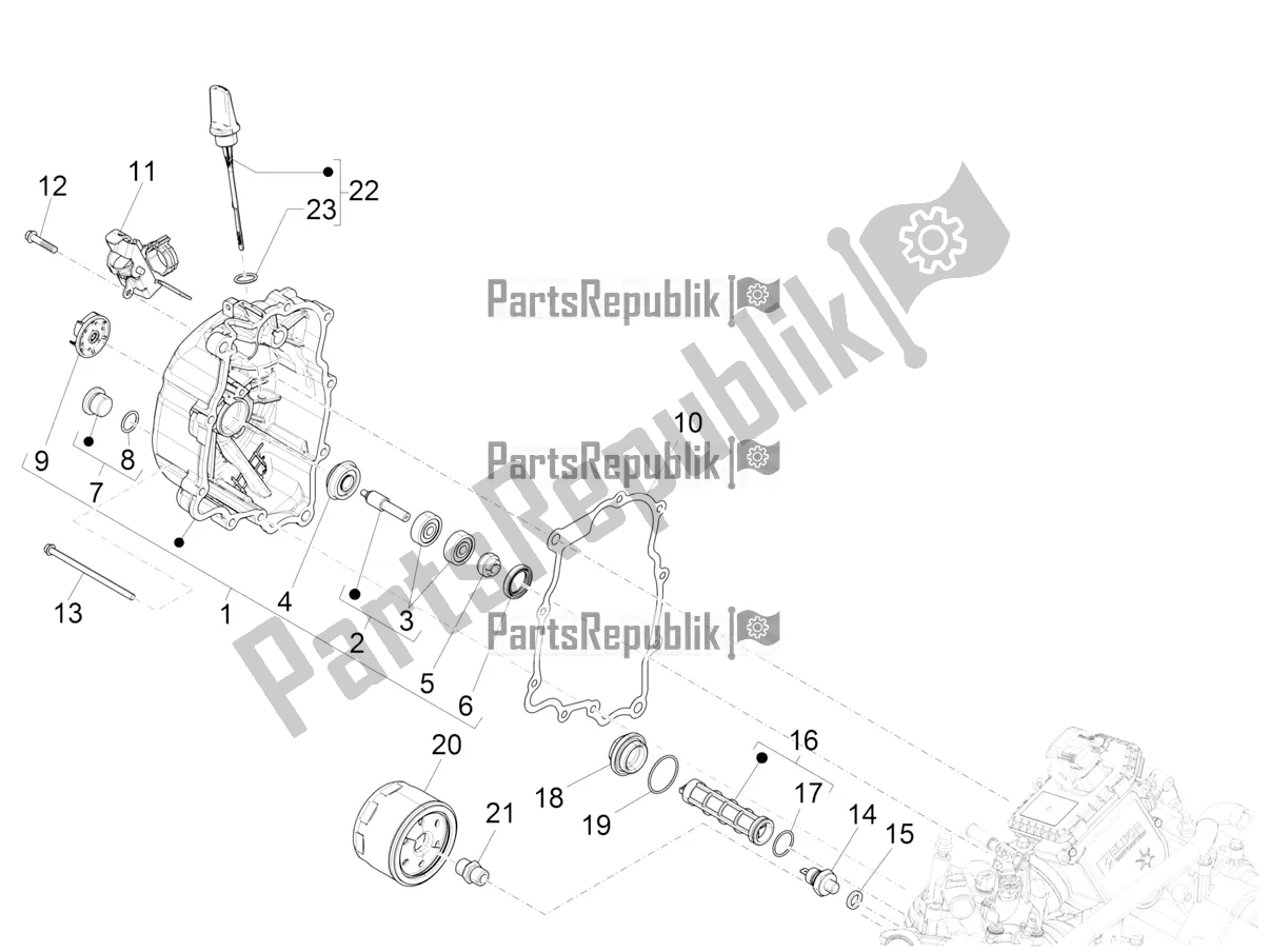 Toutes les pièces pour le Couvercle Magnéto Volant - Filtre à Huile du Vespa GTS 300 Super Hpe-tech 4 T/4V IE ABS 2021