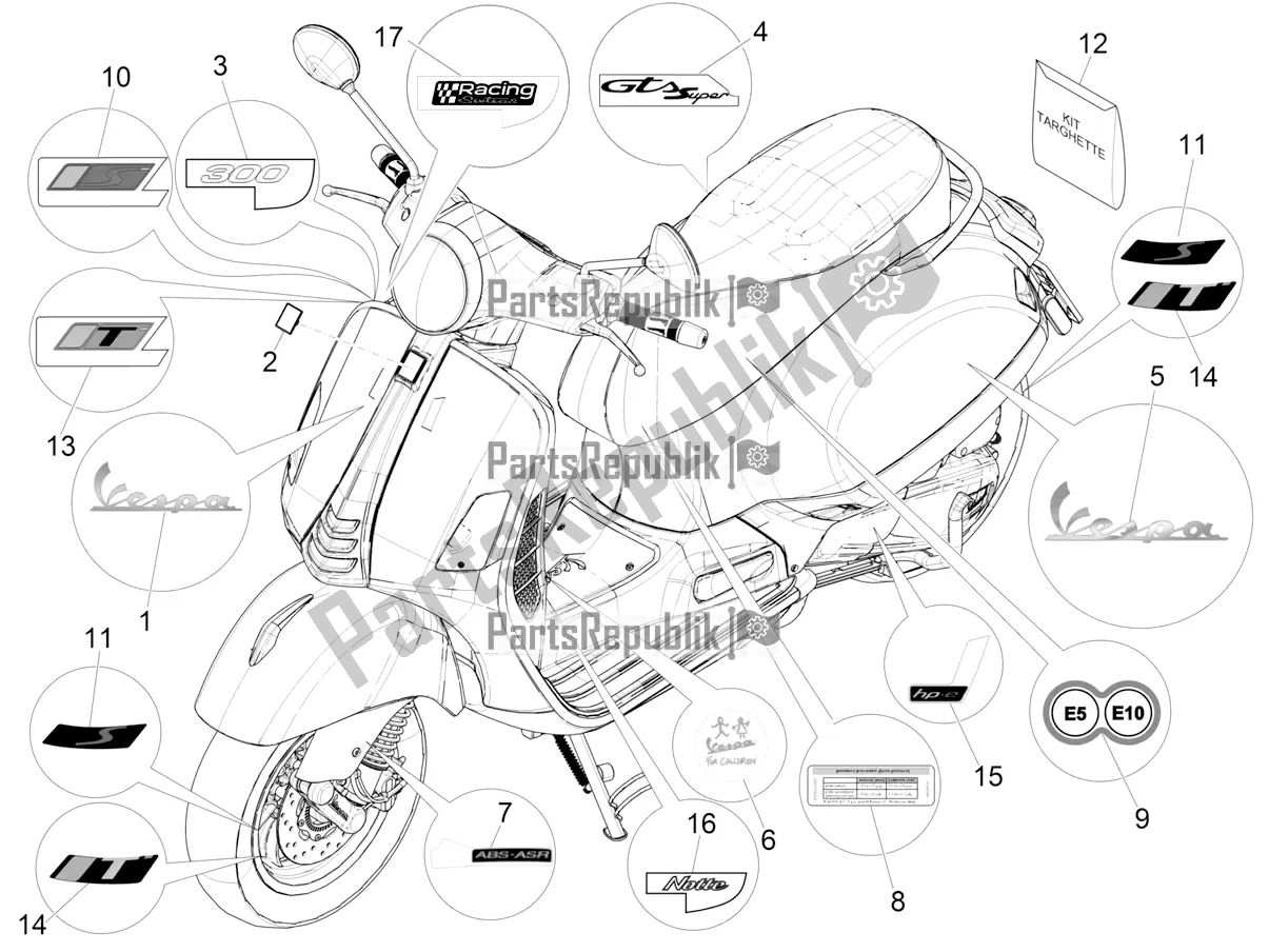 Todas as partes de Placas - Emblemas do Vespa GTS 300 Super Hpe-tech 4 T/4V IE ABS 2021