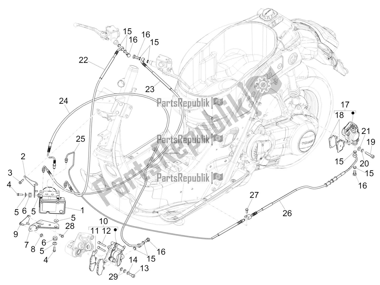 Toutes les pièces pour le Tuyaux De Freins - étriers (abs) du Vespa GTS 300 Super IE ABS USA 2016