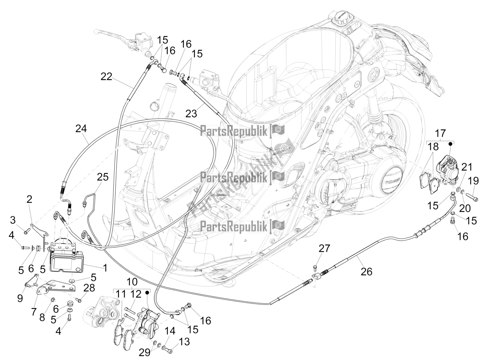 All parts for the Brakes Pipes - Calipers (abs) of the Vespa GTS 300 Super IE ABS USA 2017