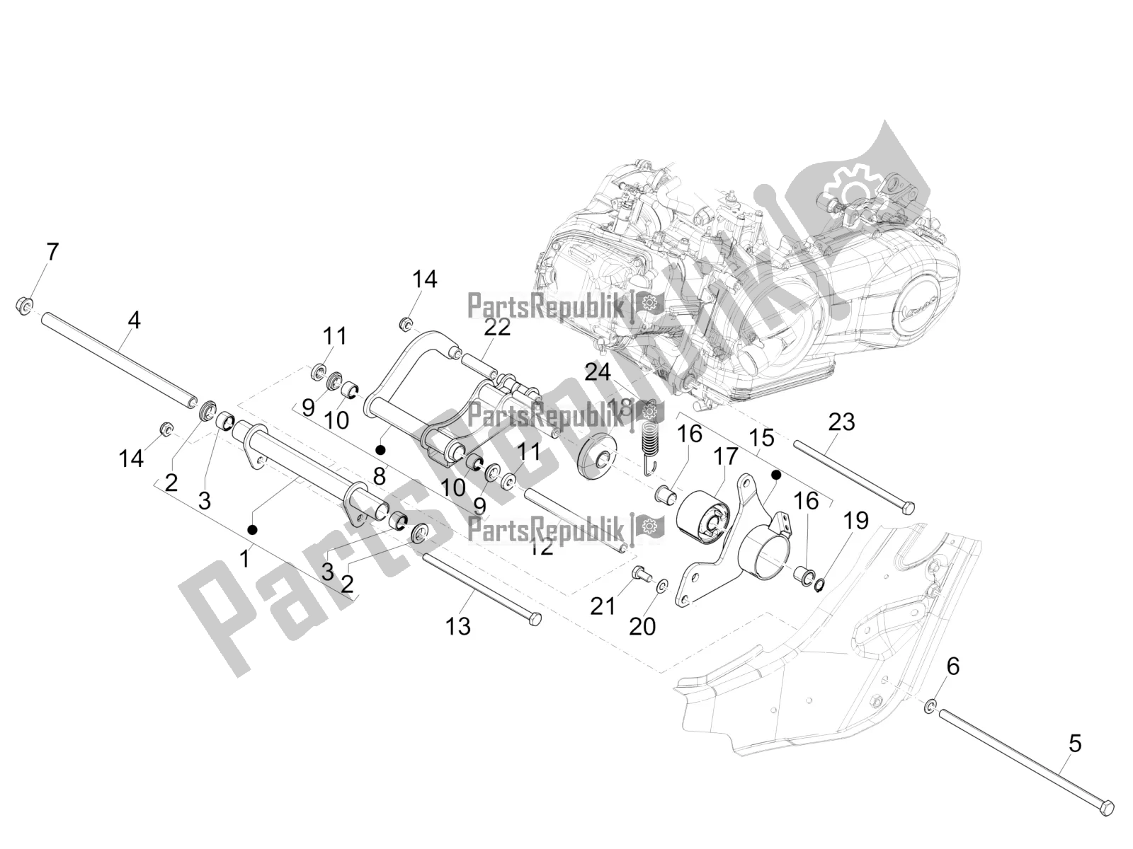 All parts for the Swinging Arm of the Vespa GTS 300 Super IE ABS USA 2017