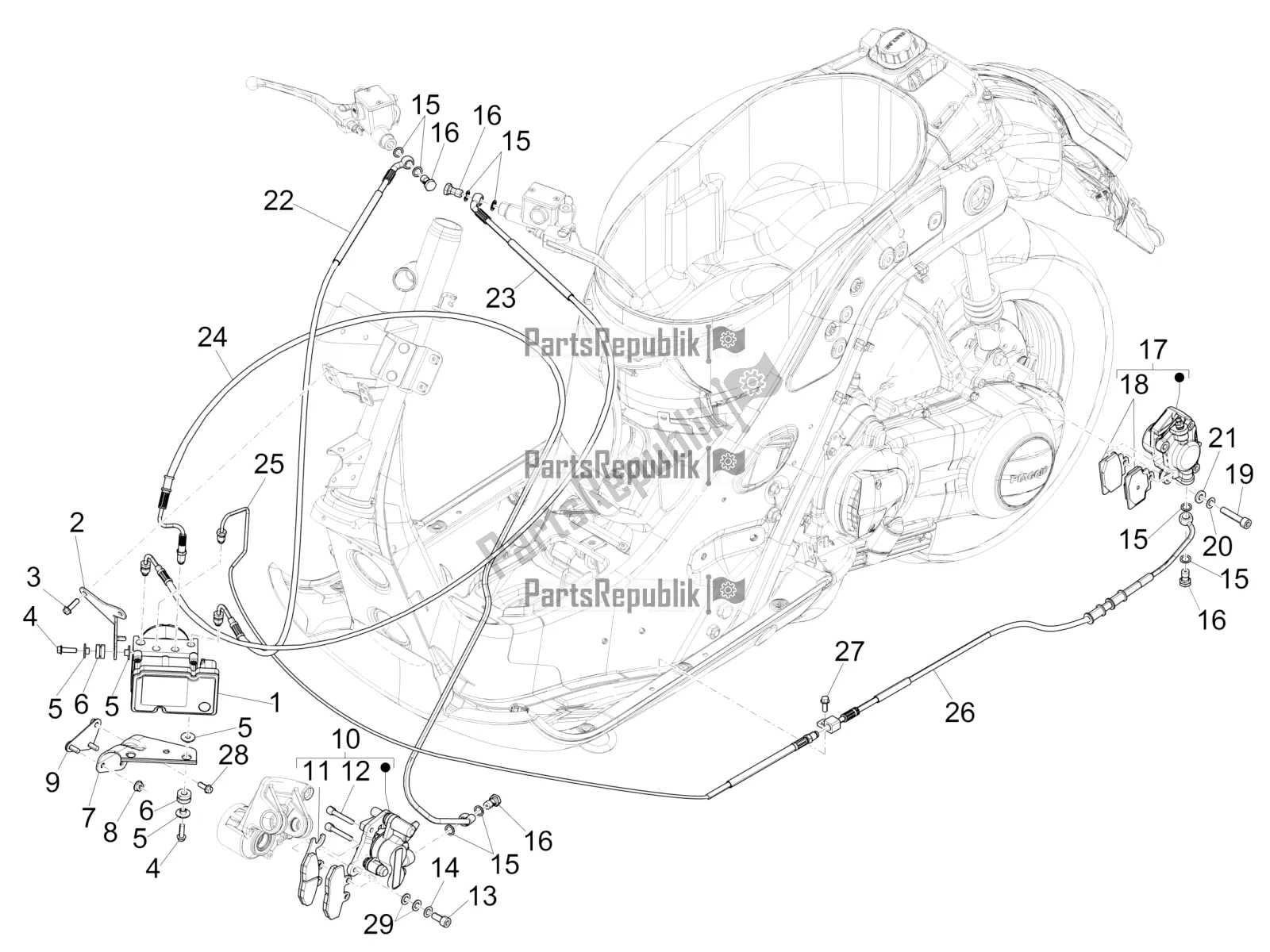 Toutes les pièces pour le Tuyaux De Freins - étriers (abs) du Vespa GTS 300 Super IE ABS USA 2018