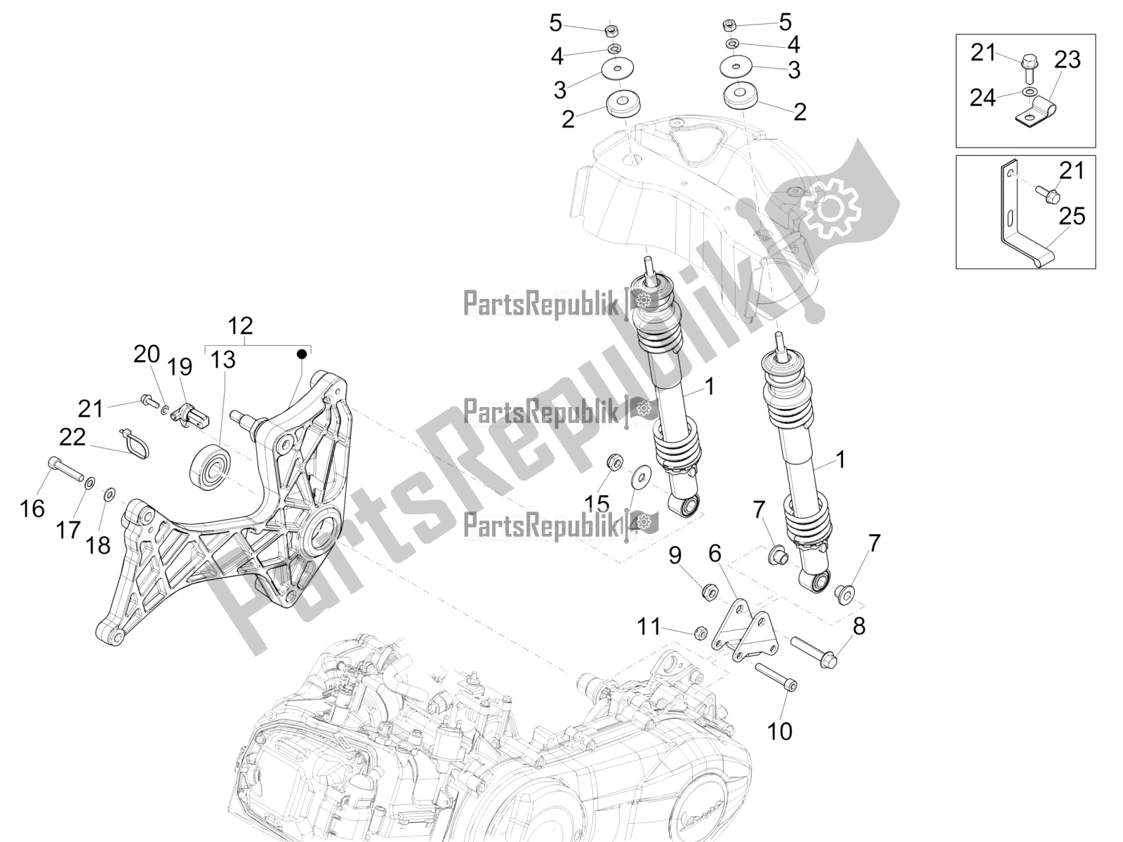 Todas las partes para Suspensión Trasera - Amortiguador / S de Vespa GTS 300 Super IE ABS USA 2018