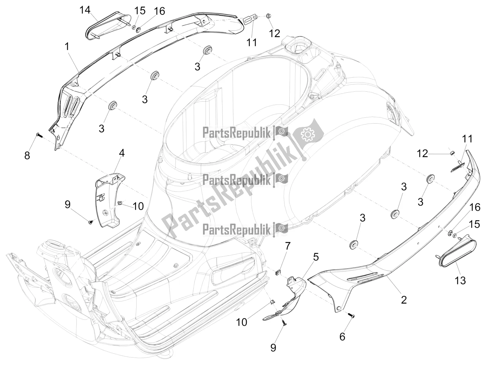 Toutes les pièces pour le Couvercle Latéral - Spoiler du Vespa GTS 300 Super IE ABS USA 2018