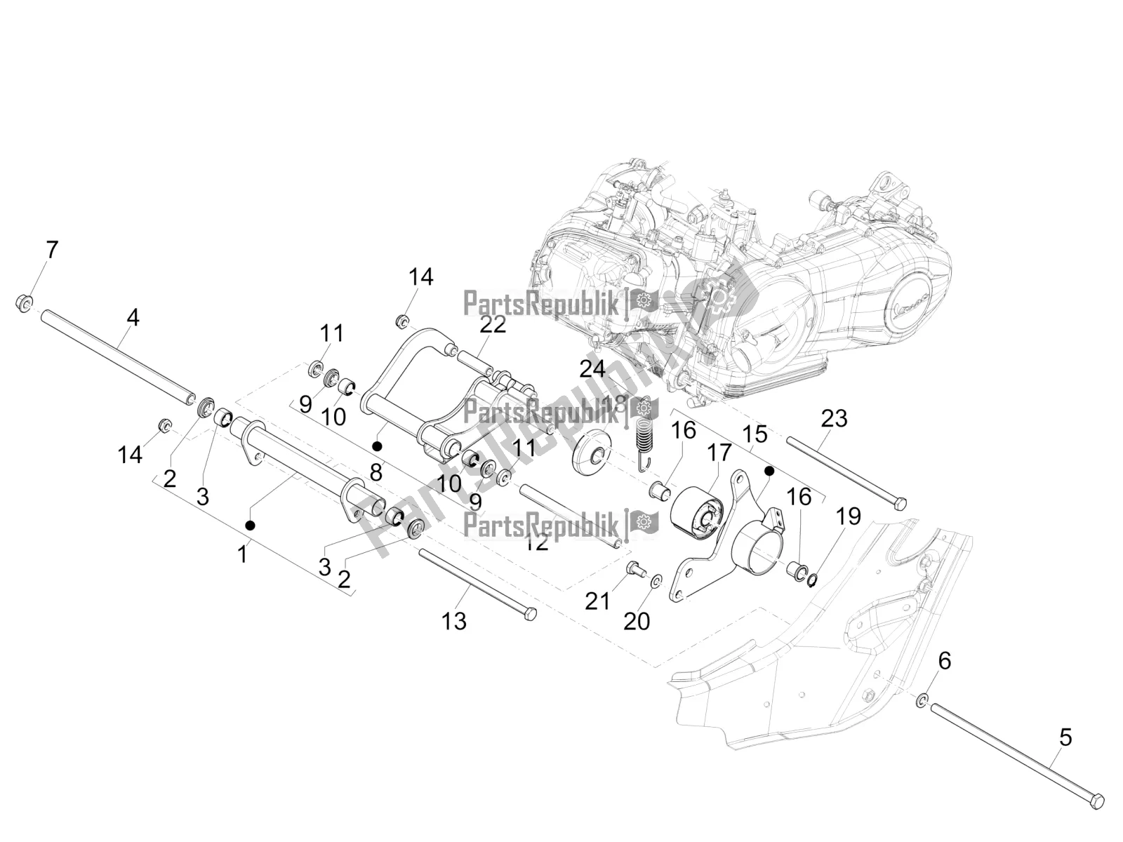 All parts for the Swinging Arm of the Vespa GTS 300 Super Sport USA 2022