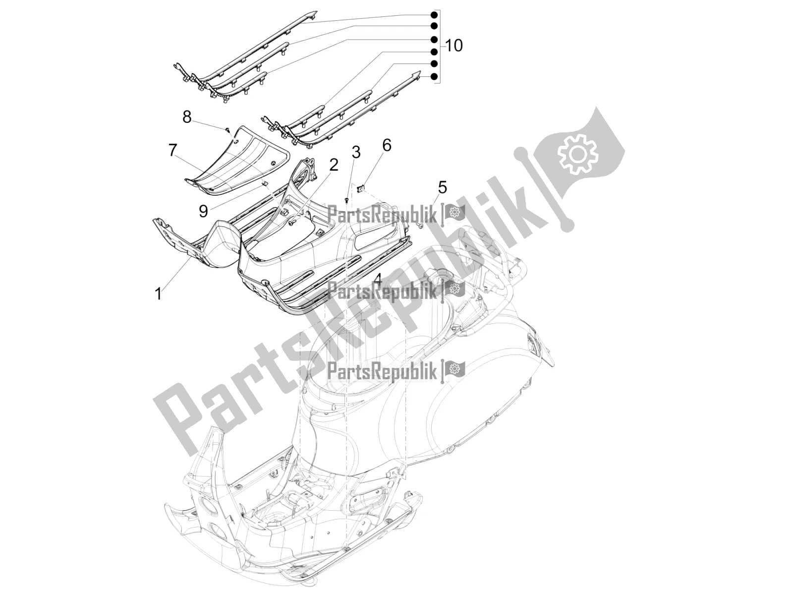 All parts for the Central Cover - Footrests of the Vespa GTS 300 Super-Tech IE ABS Apac 2018