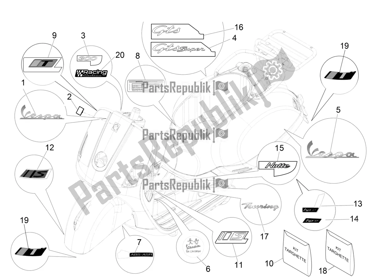 All parts for the Plates - Emblems of the Vespa GTS 300 Super-Tech IE ABS Apac 2018
