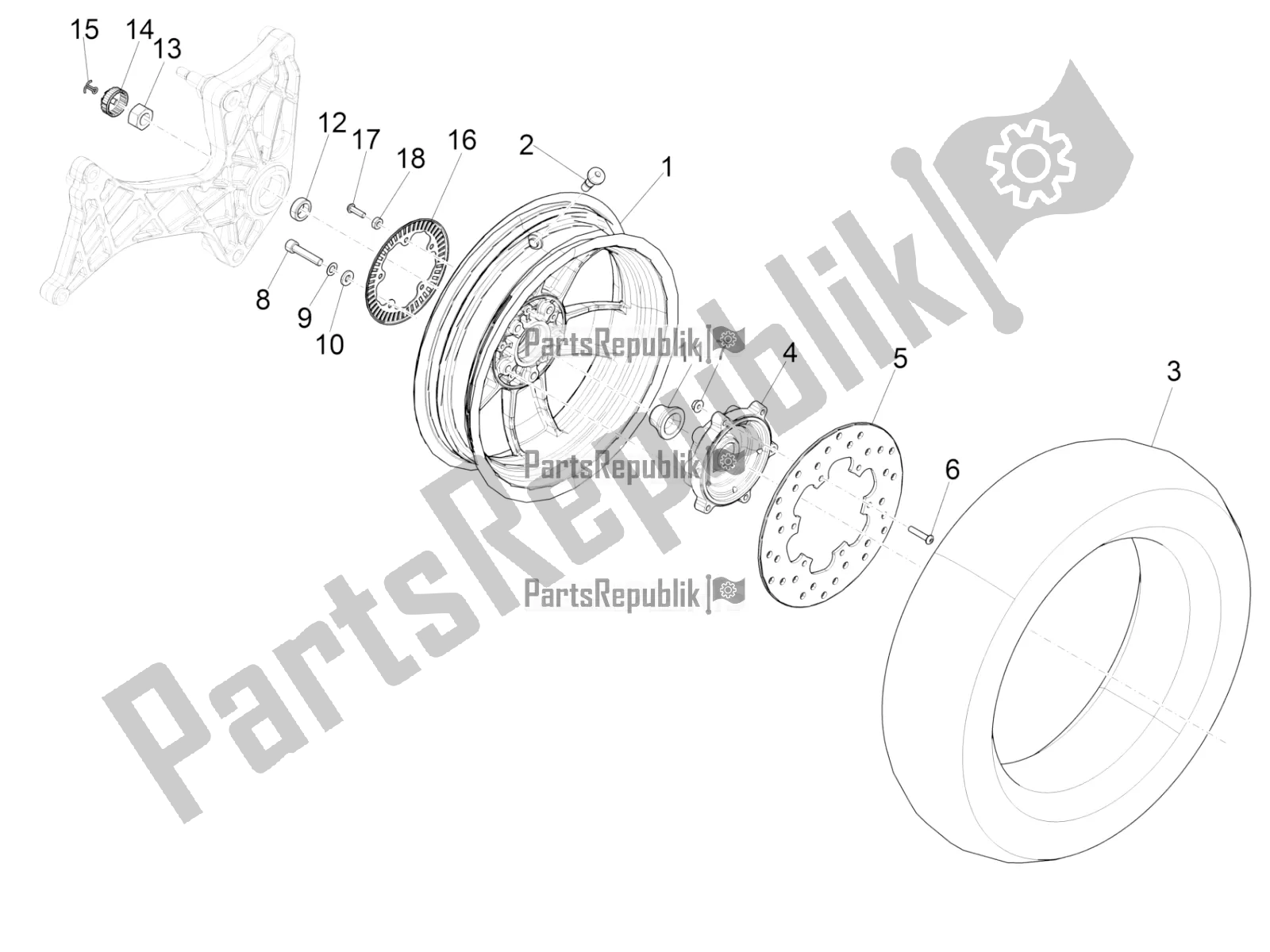 All parts for the Rear Wheel of the Vespa GTS 300 Super-Tech IE ABS Apac 2018