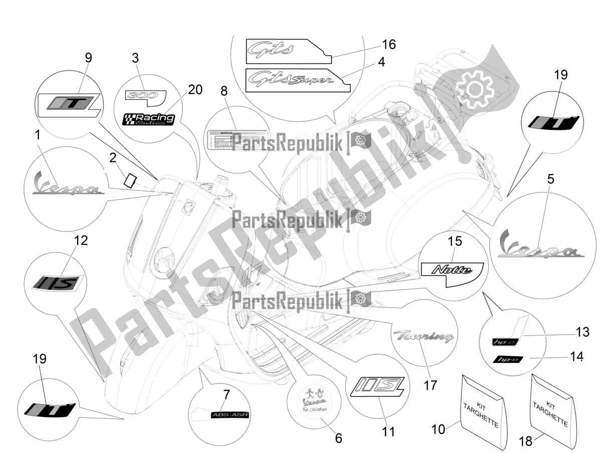 All parts for the Plates - Emblems of the Vespa GTS 300 Super-Tech IE ABS Apac 2020