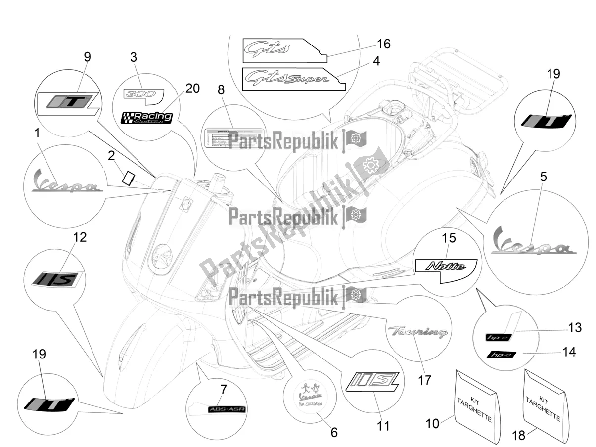 All parts for the Plates - Emblems of the Vespa GTS 300 Super-Tech IE ABS Apac 2021