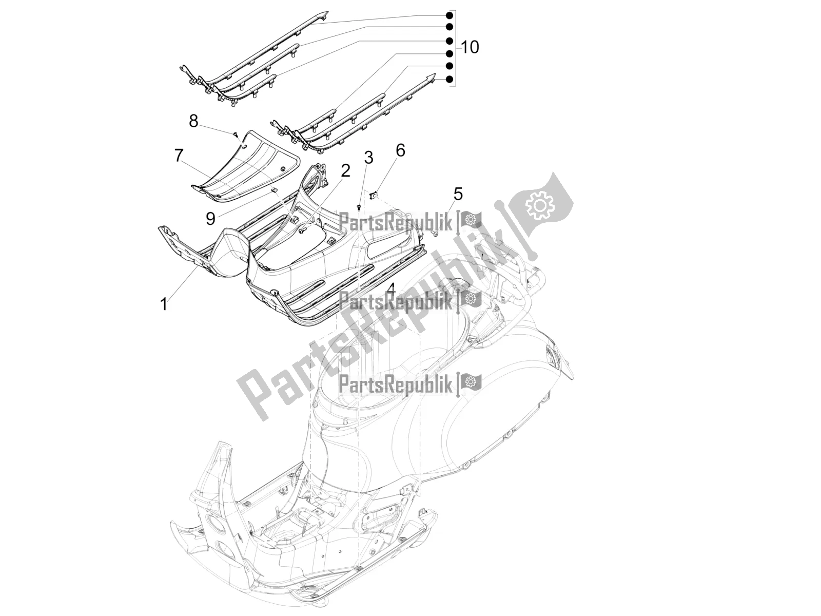 All parts for the Central Cover - Footrests of the Vespa GTS 300 Super-Tech IE ABS Apac 2022