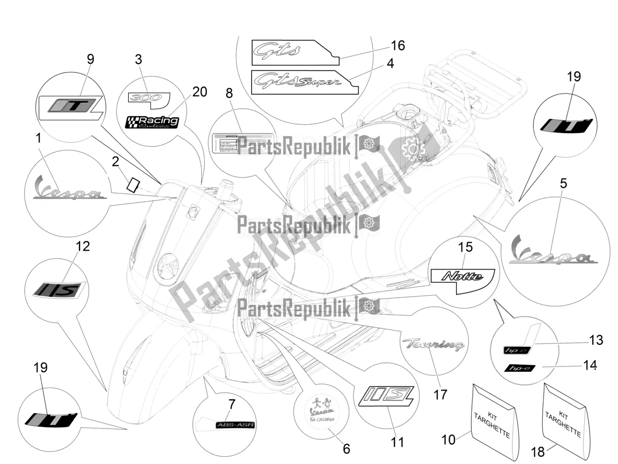 All parts for the Plates - Emblems of the Vespa GTS 300 Super-Tech IE ABS Apac 2022