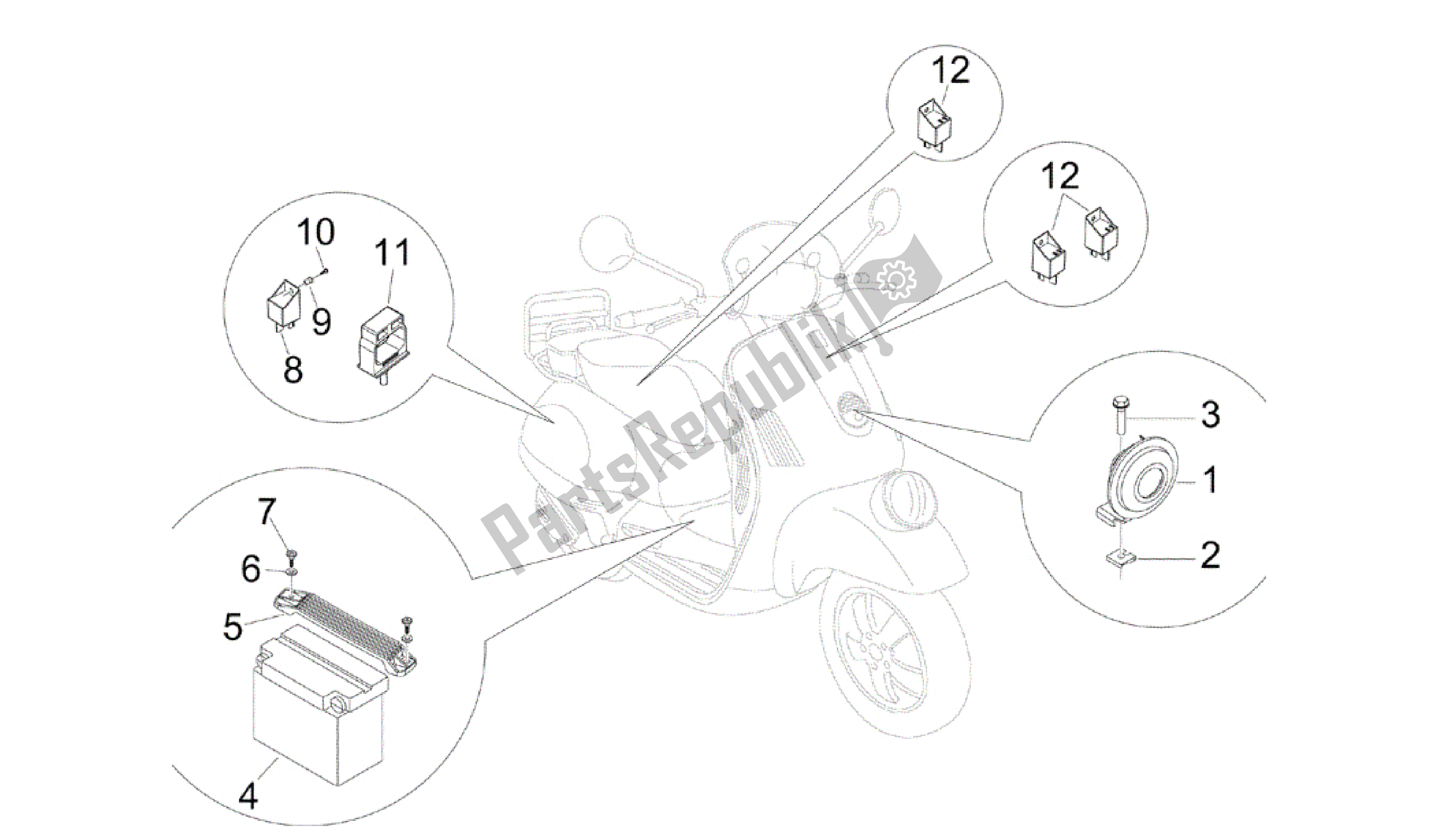 Toutes les pièces pour le Telerruptores - Bateria - Claxon du Vespa GTV 250 2007