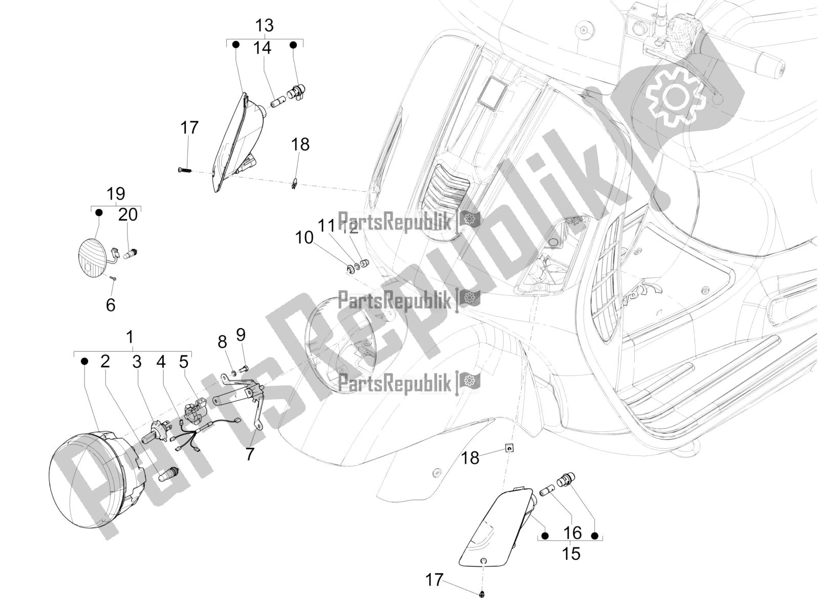 Toutes les pièces pour le Phares Avant - Clignotants du Vespa GTV 300 / Touring 4V IE USA 2016