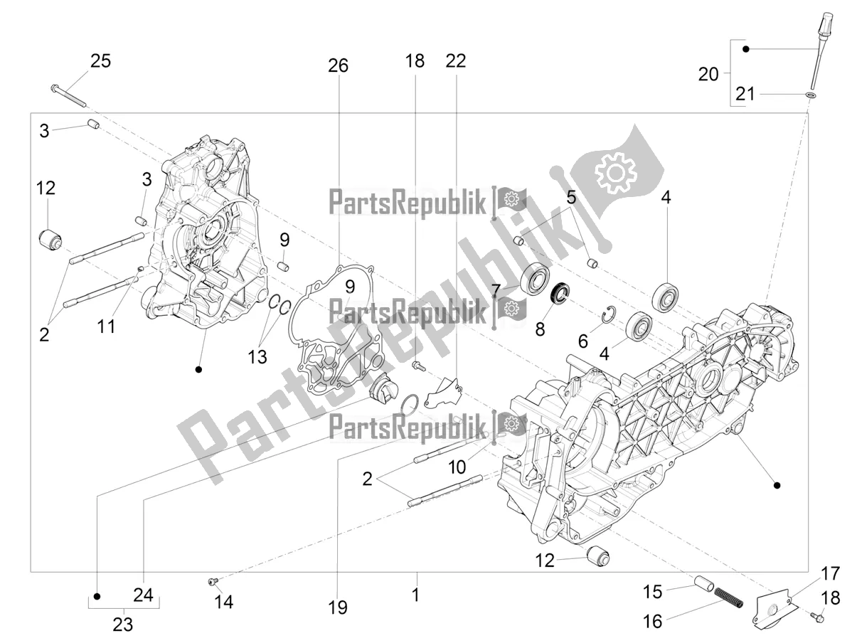 All parts for the Crankcase of the Vespa GTV 300 HPE SEI Giorni IE ABS Apac 2020