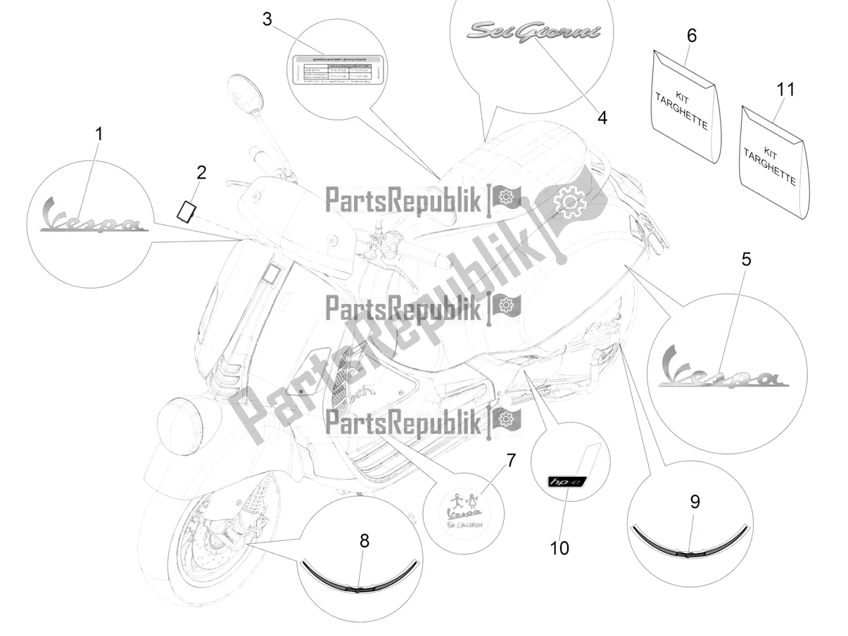 All parts for the Plates - Emblems of the Vespa GTV 300 HPE SEI Giorni IE ABS Apac 2020