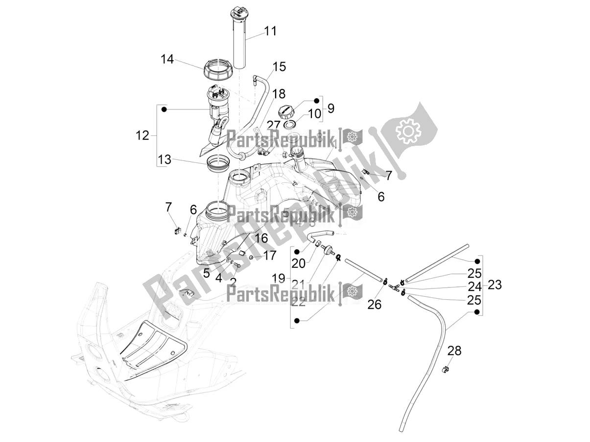 All parts for the Fuel Tank of the Vespa GTV 300 HPE SEI Giorni IE ABS Apac 2021