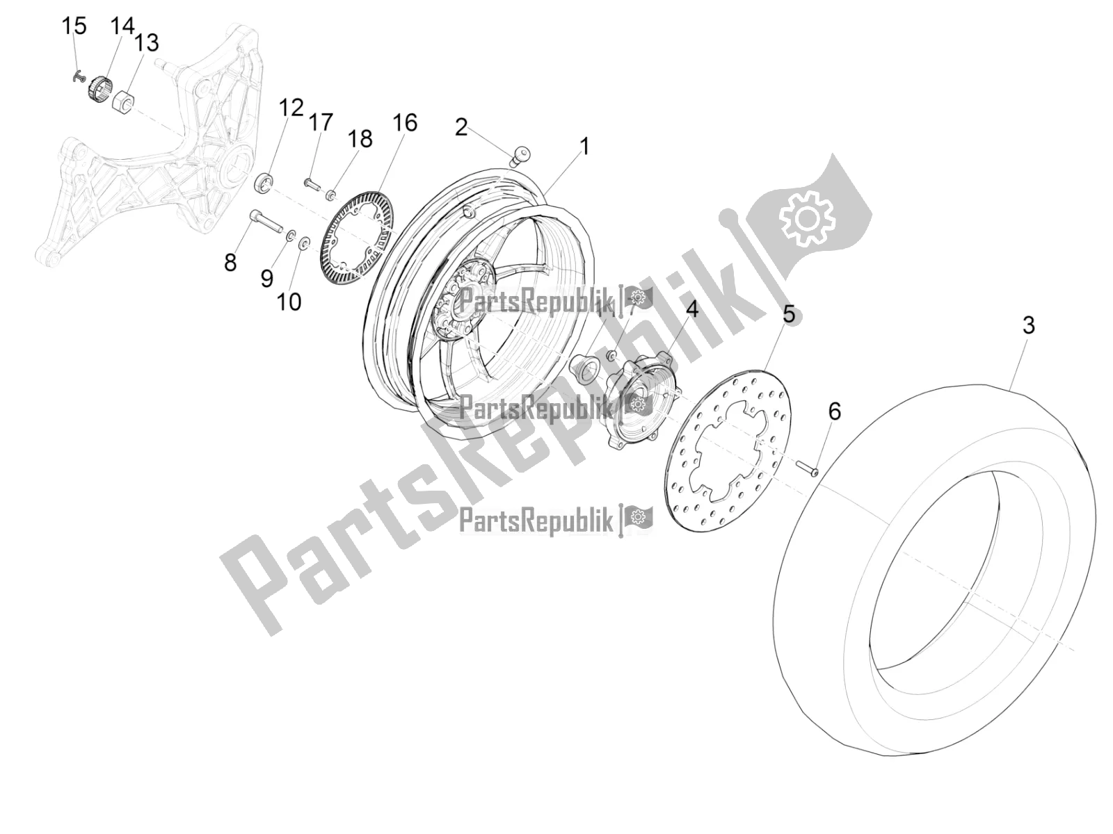 All parts for the Rear Wheel of the Vespa GTV 300 HPE SEI Giorni IE ABS Apac 2021