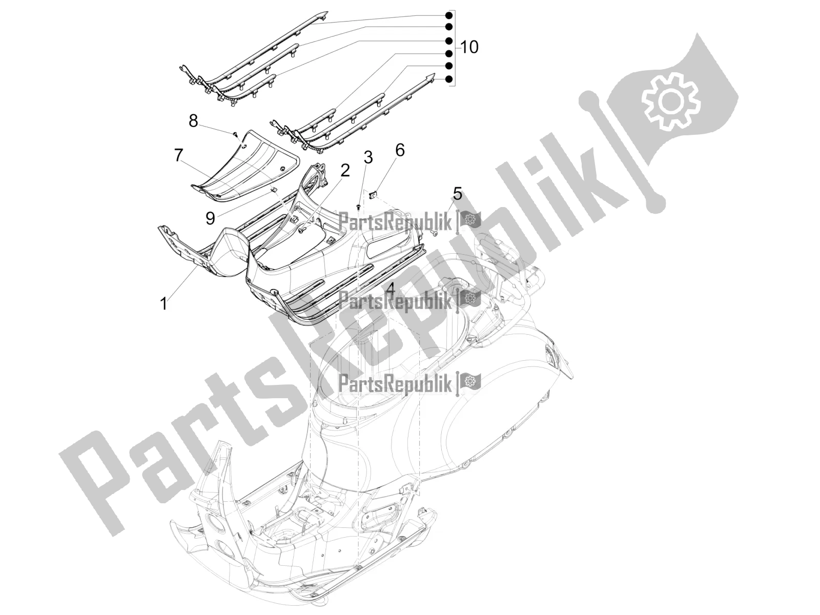 All parts for the Central Cover - Footrests of the Vespa GTV 300 HPE SEI Giorni IE ABS Apac 2022