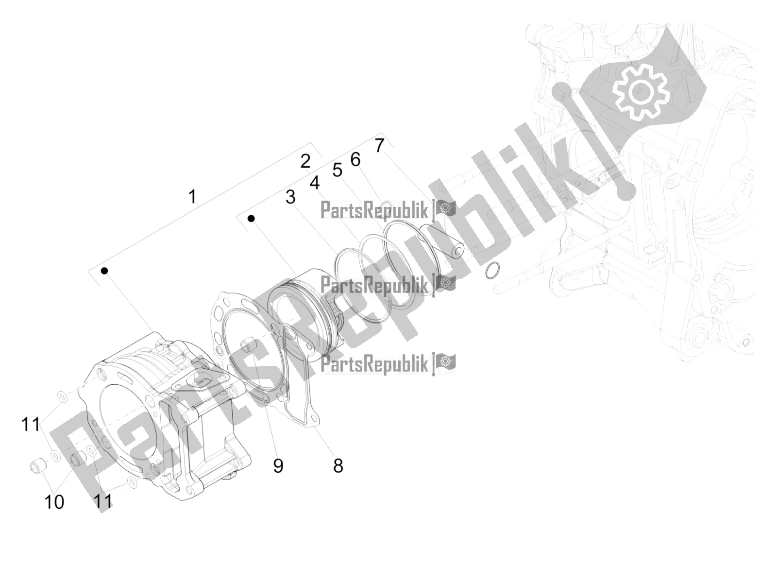 Alle onderdelen voor de Cilinder-zuiger-pols-peneenheid van de Vespa GTV 300 HPE SEI Giorni IE ABS Apac 2022