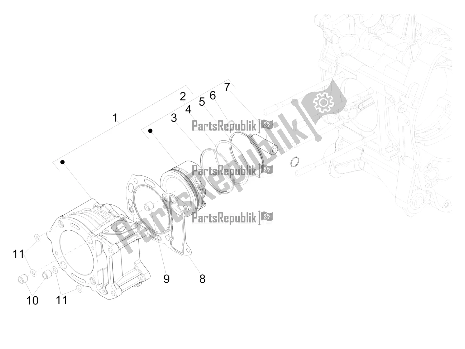 All parts for the Cylinder-piston-wrist Pin Unit of the Vespa GTV 300 HPE SEI Giorni IE ABS Apac 2022