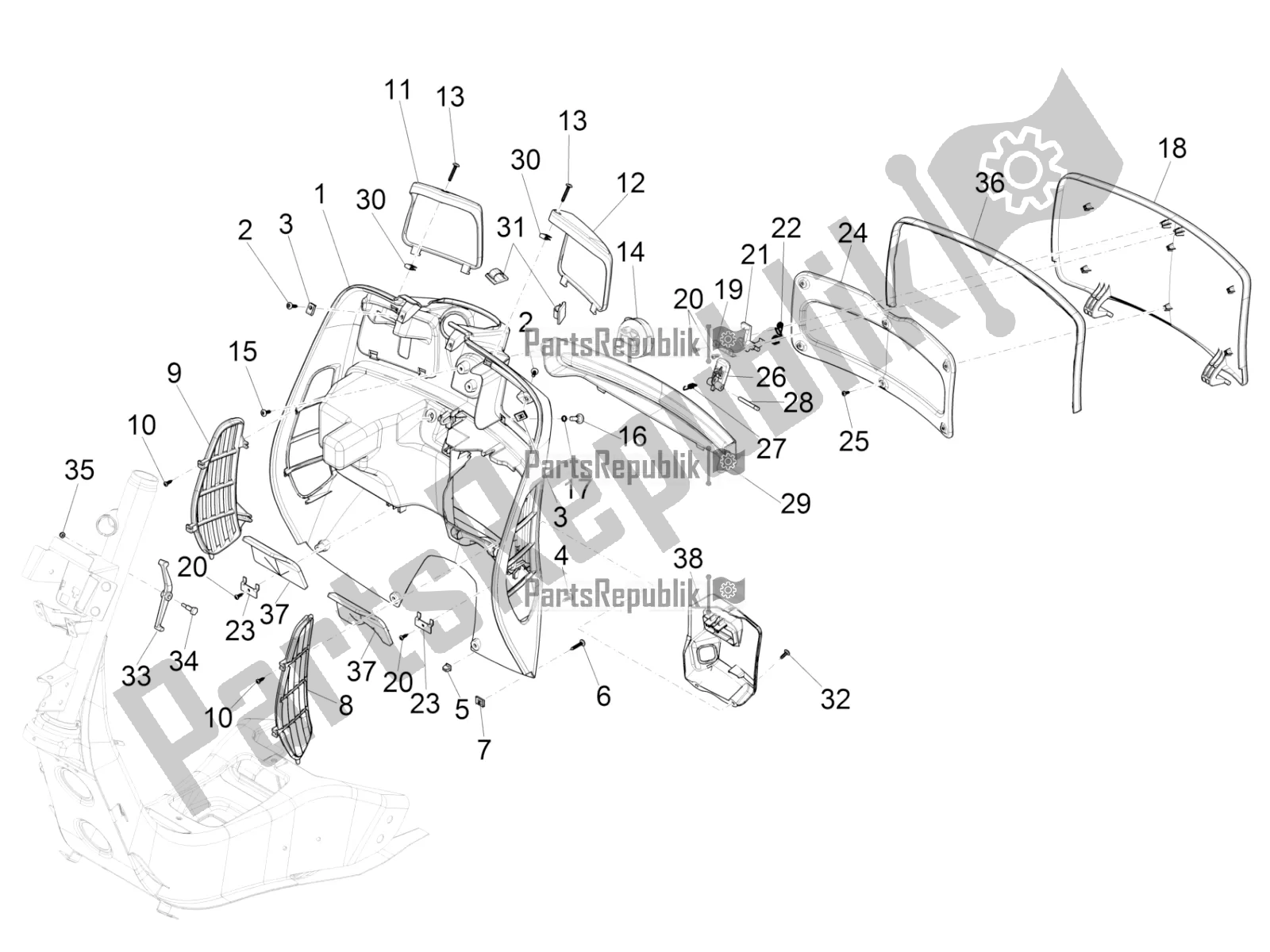 All parts for the Front Glove-box - Knee-guard Panel of the Vespa GTV 300 HPE SEI Giorni IE ABS Apac 2022