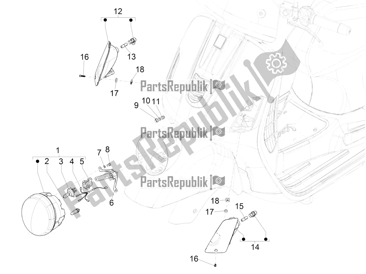 All parts for the Front Headlamps - Turn Signal Lamps of the Vespa GTV 300 HPE SEI Giorni IE ABS Apac 2022