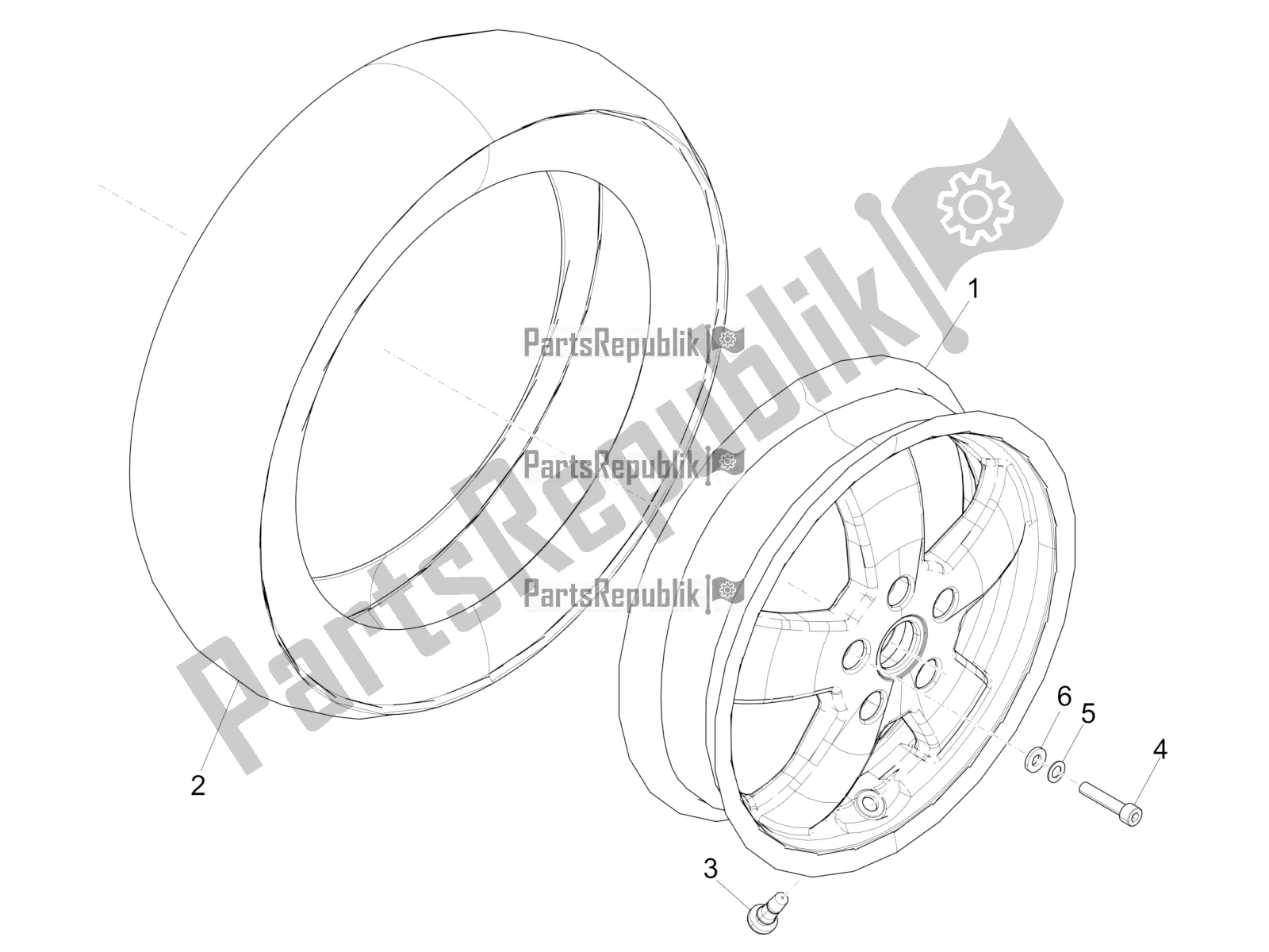 All parts for the Front Wheel of the Vespa GTV 300 HPE SEI Giorni IE ABS Apac 2022